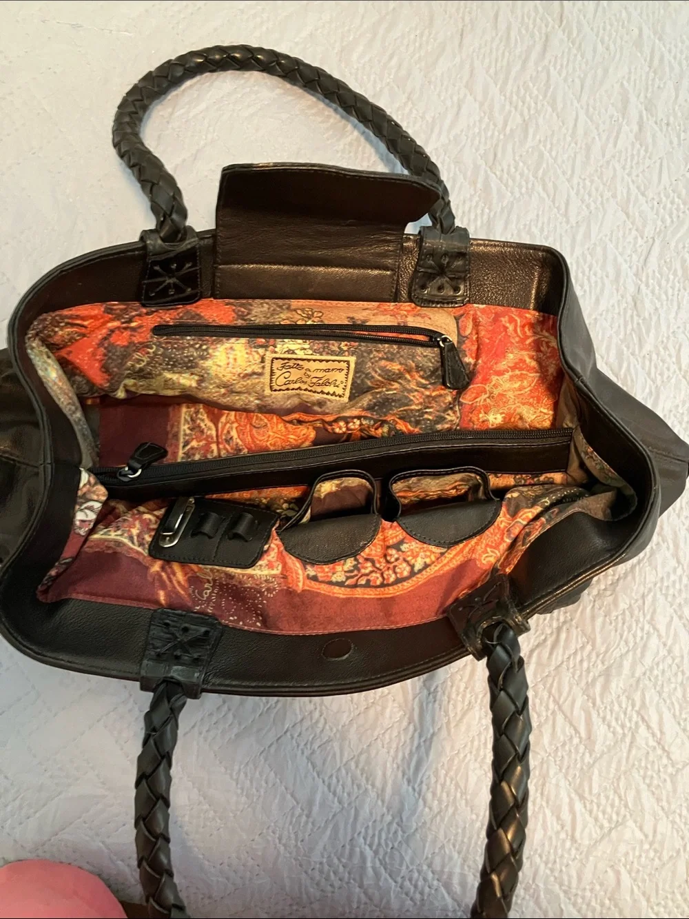 Carlos Falchi Black Leather Shoulder Bag with Braided Handles